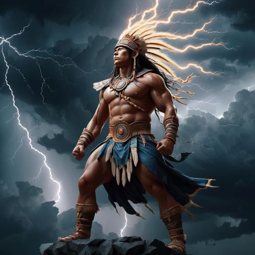 Cherokee god Asgaya Gigagei standing on a cliff with lightning behind him