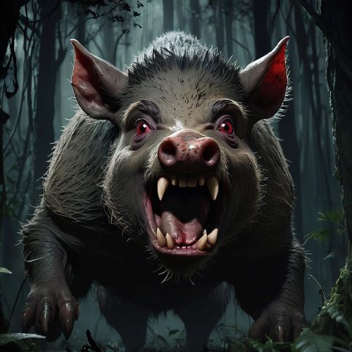The Indonesian shapeshifting boar demon Babi Ngepet in a dark forest