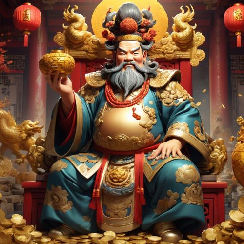 Caishen the Chinese god of Wealth sitting on a throne surrounded by money