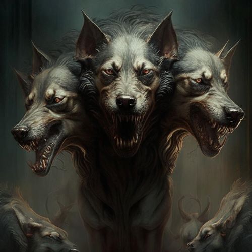 Image of the three-headed guardian dog of the Underworld, Cerberus, symbolizing protection and the boundary between life and death