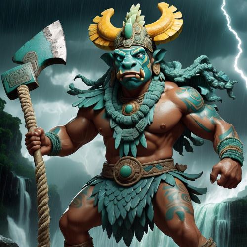 Image of the Mesoamerican rain god Chaac wielding his lightning axe and summoning storms
