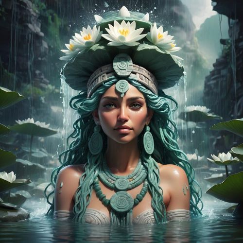 Image of Chalchiuhtlicue, the Aztec goddess of rivers, lakes, and water, symbolizing fertility and purification.
