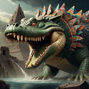 The menacing crocodile Cipactli among Mesoamerican ruins