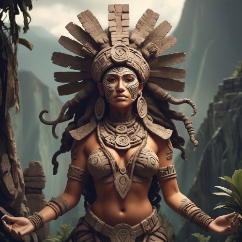 Image of Coatlique, the Aztec earth goddess with a fearsome serpentine skirt symbolizing life, death, and rebirth.
