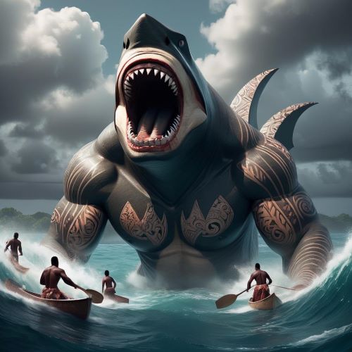 Image of Dakuwaqa, the shark god of Fijian mythology, protector of fishermen and the sea.