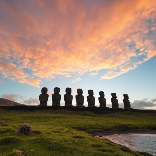 Easter Island shown in atmospheric art featuring Moai statues symbolizing ancient mystery and ancestral heritage.