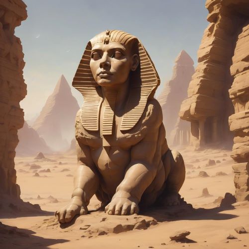 Image of the majestic Egyptian Sphinx guarding the desert with the body of a lion and the head of a pharaoh