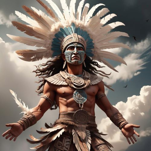 Image of Ehecatl, the Aztec god of wind and life, depicted with a feathered mask and flowing air motifs