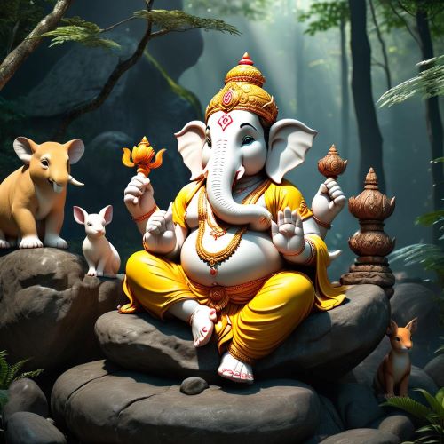 Image of Indian god Ganesh sitting in a forest at dawn