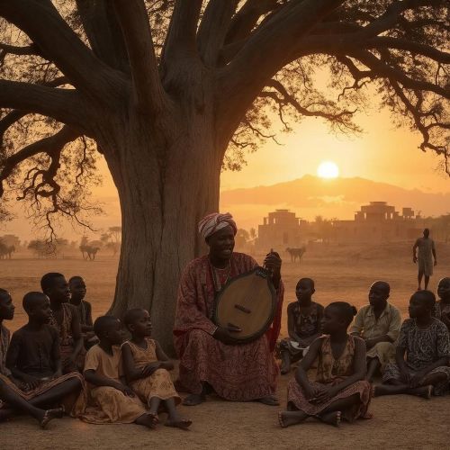 Griots: The Keepers of African Mythology and Oral Tradition Griots depicted as revered storytellers preserving history, music, and ancestral memory through spoken tradition