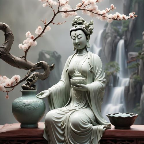 Image of Guanyin, the compassionate East Asian goddess of mercy and compassion, often depicted with flowing robes and a serene expression.