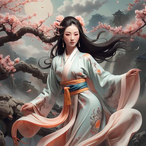 The only female Chinese Immortal He Xiangu in a peach garden