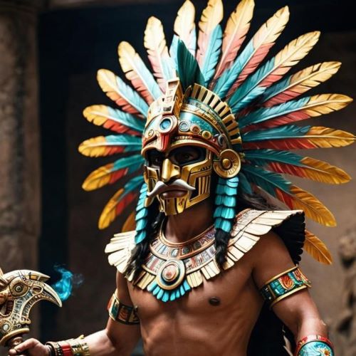 Image of Aztec god Huitzilopochtli in full regalia