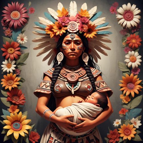 Image of Ilamatecuhtli, the Aztec goddess of death and fertility, depicted with traditional symbolic motifs.