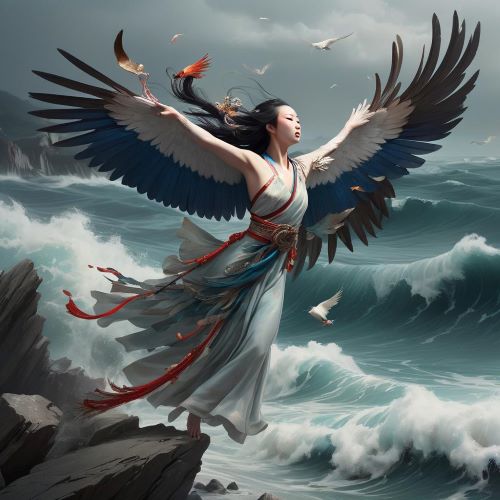 Image of the mythical Chinese bird Jingwei, known for filling the sea with stones to avenge her death.