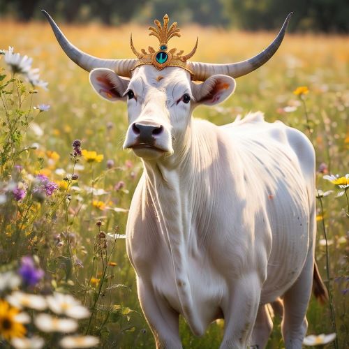 Image of the divine cow goddess Kamadhenu, symbolizing abundance, generosity, and sacred nourishment.
