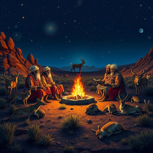 Khoisan depicted in mythic art as a community rich in tradition, storytelling, and ancestral heritage.