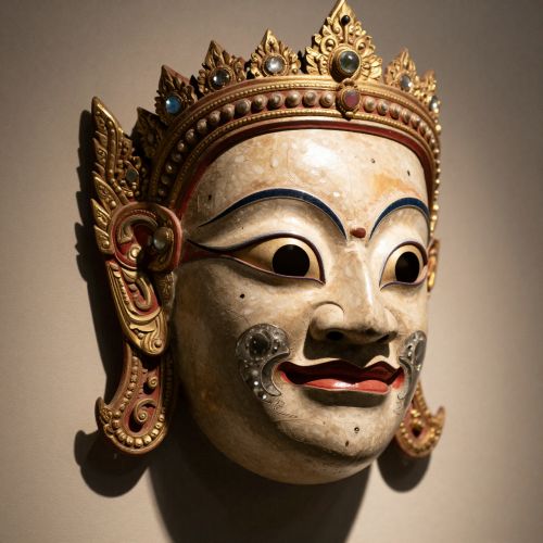 close-up of a traditional Thai Khon mask, richly detailed with gold leaf, mirrored glass inlays, and intricate painted patterns.