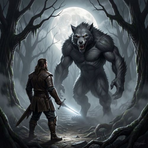 a medieval hunter facing a towering werewolf under a full moon in a dark forest focussed on killing a werewolf