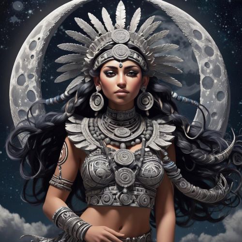 Image of the moon goddess Metztli, guardian of night and cycles in Mesoamerican mythology