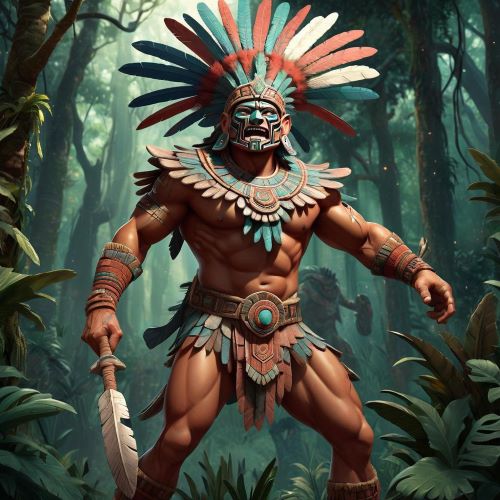 Image of the Mesoamerican god of the hunt and storms, Mixcoatl, wielding his celestial weapons.
