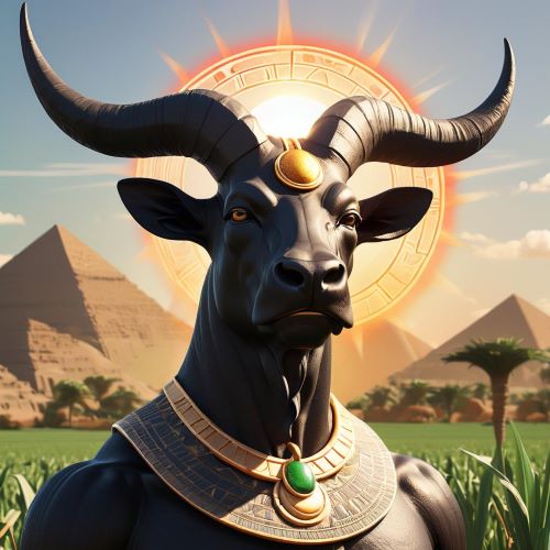 Image of the sacred bull god Mnevis associated with the sun and royal power in ancient Egyptian mythology