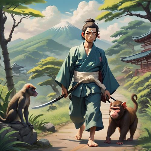 Image of Japanese child hero Momotaro with his animals friends