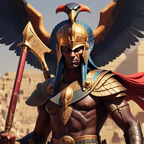Image of the ancient Egyptian god of war and the desert, Montu, depicted with a falcon head and martial symbols.