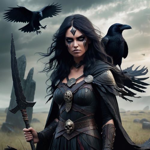 Image of the fierce war and fate goddess Morrigan, embodying battle, prophecy, and transformation
