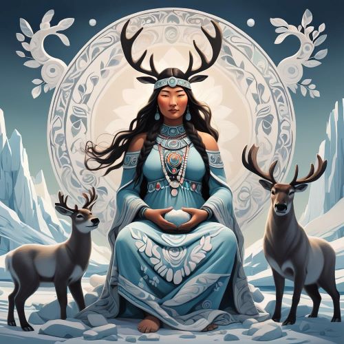 Aakuluujjusi depicted in mystical art as a forest guardian spirit embodying nature, wisdom, and protection.