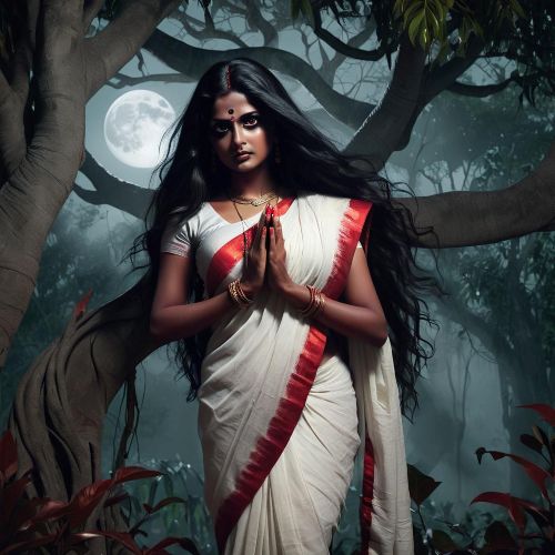 Aana Marutha, a seductive female spirit from Kerala mythology, standing under a moonlit banyan tree.