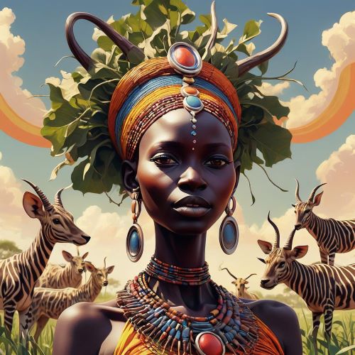 Abuk depicted in mystical art as a nurturing river goddess symbolizing fertility, life, and abundance.
