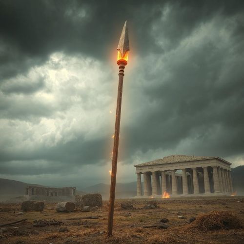 Artistic depiction of Achilles’ spear, shown as a gleaming weapon resting against a battlefield backdrop, symbolizing strength and heroism.