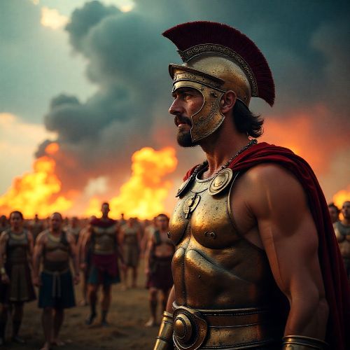 f Achilles standing on a battlefield at dawn, bronze armor reflecting firelight, his body unmarred by wounds