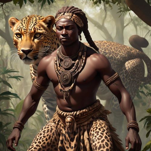 Fon Warrior Adjahuto standing with a leopard in the background