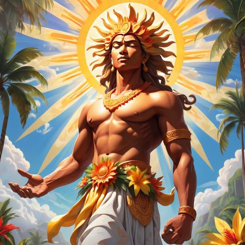 Adlaw depicted in radiant art as the personification of the sun, symbolizing light, life, and vitality.