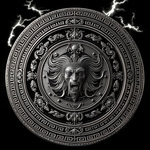 Aegis depicted in mythic art as a powerful shield symbolizing divine protection and fearsome authority.
