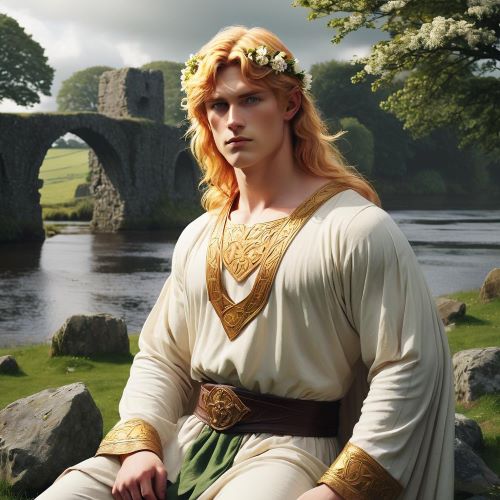Aengus depicted in mythic art as a youthful deity symbolizing love, poetry, and joy.