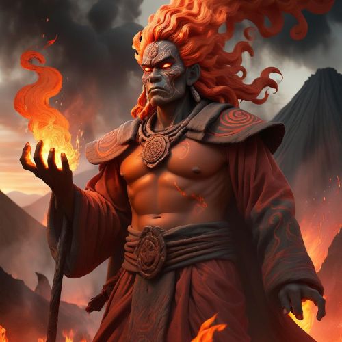 Depiction of Agui, the God of Fire, surrounded by blazing flames.