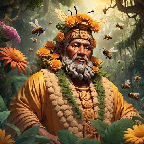 Ah Muzen Cab depicted in vibrant art as the Mayan bee god symbolizing pollination, fertility, and industriousness.