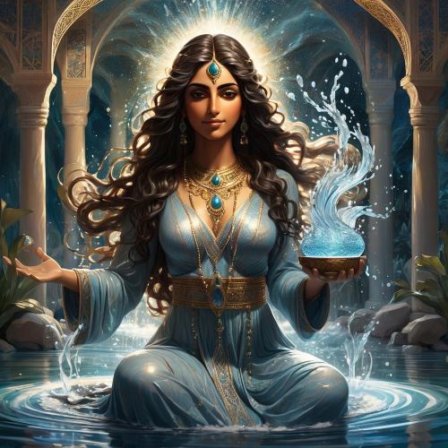 Ahurani depicted in mythic art as a fierce river spirit symbolizing darkness and illusion.