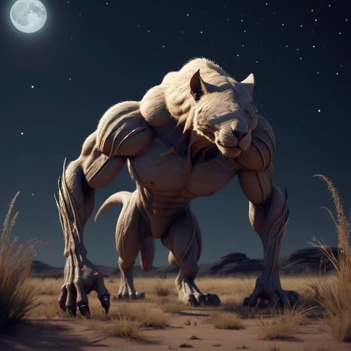 Aigamuxa depicted in mythic art as a monstrous being with predatory traits, symbolizing danger and fear.