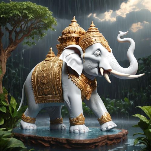 Airavata depicted in mythic art as a divine white elephant symbolizing rain, strength, and celestial power.