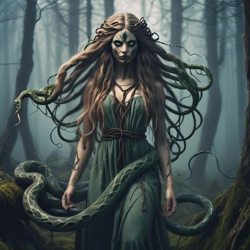 an image of Ajatar from Finnish mythology: a female forest spirit with long plaited hair, serpentine lower body, hypnotic eyes, and surrounded by misty woods and snakes.