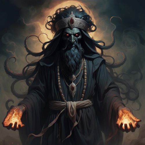 Aka Manah depicted in mythic art as a dark spirit symbolizing deceit and corrupted intent.