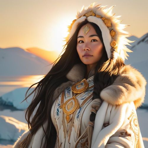 The Alaskan Sun goddess Akycha standing in the Alaskan landscape
