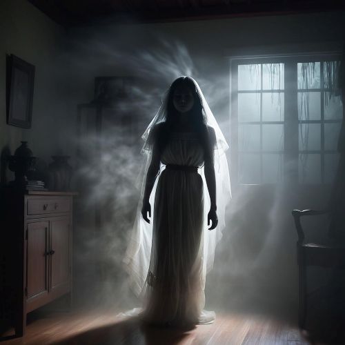Ethereal depiction of Alalia, the lingering ghost, drifting through a dimly lit Room.
