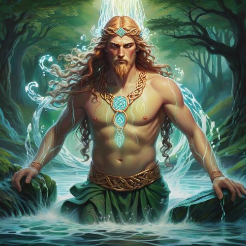 Alaunus depicted in mythic art as a Celtic god of healing, prophecy, and spiritual wisdom.
