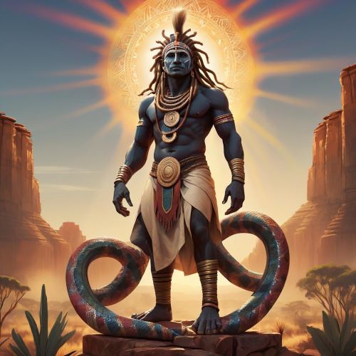 Altjira_ depicted in vibrant art as a sky deity embodying creation, balance, and ancestral dreams._