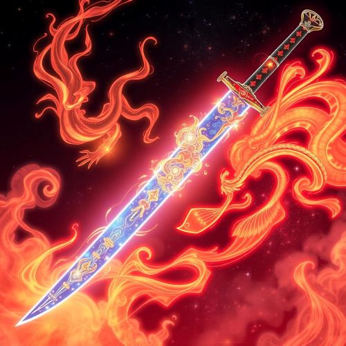 Ame-no-Habakiri depicted as a legendary divine blade radiating power, bound to fate, thunder, and ancient Japanese myth